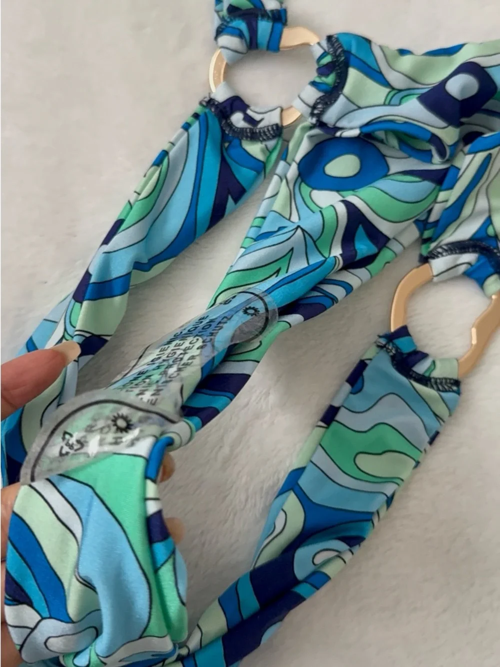 Kamari Swim Blue Green Retro Print Cutout Bikini Set Medium NWT - Picture 8 of 9